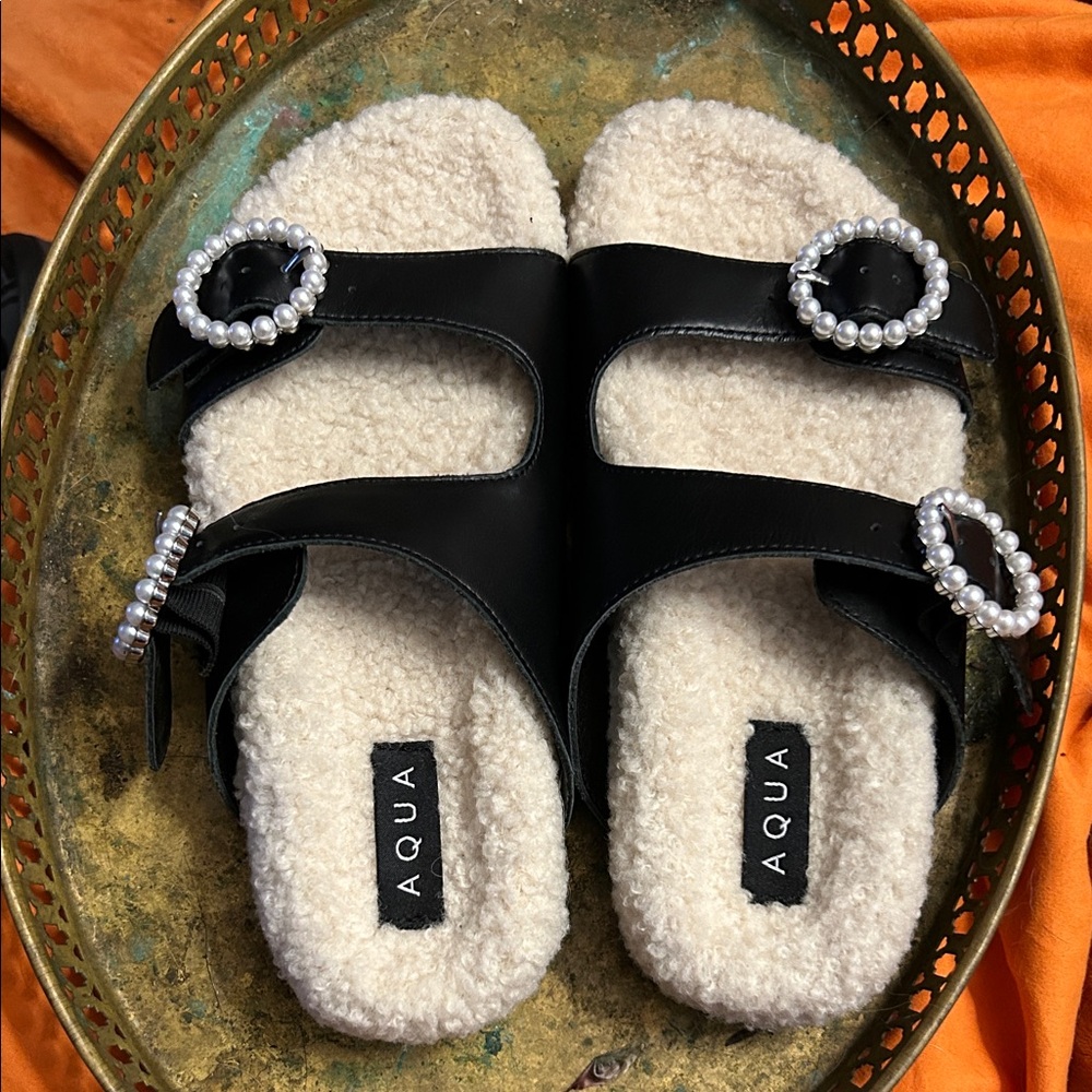 Aqua Black and Cream Pearl Buckle Slides NWOT